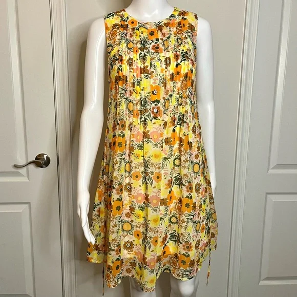 ModCloth S Buttercup Retro Floral Print Chiffon Pleated Shift Dress EUC 60s Mod - Picture 8 of 12